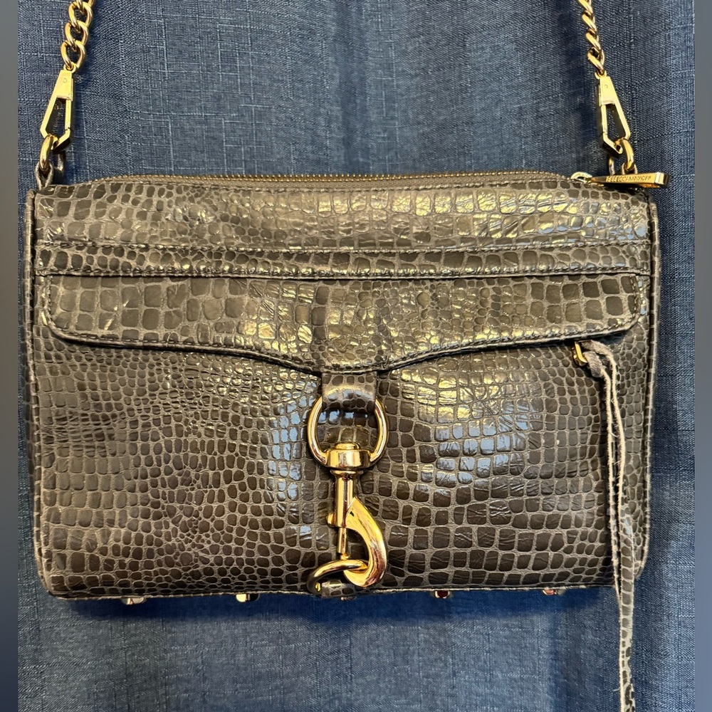Rebecca Minkoff Gray Olive Green Croc-Embossed Leather Crossbody Bag